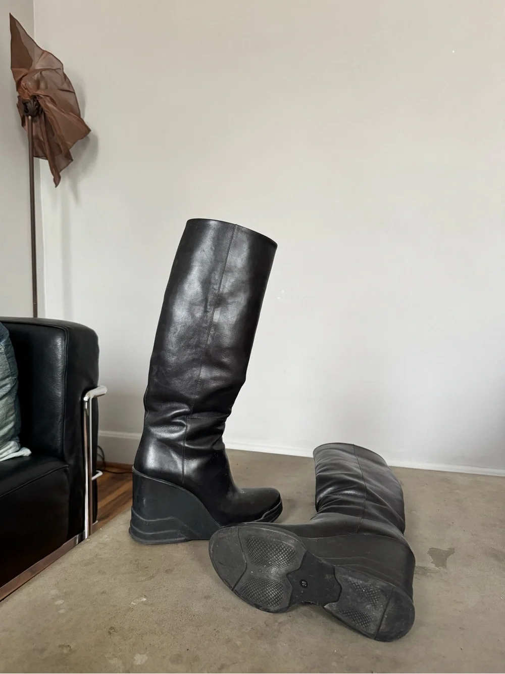 Prada Black Tall Leather Wedge Boots